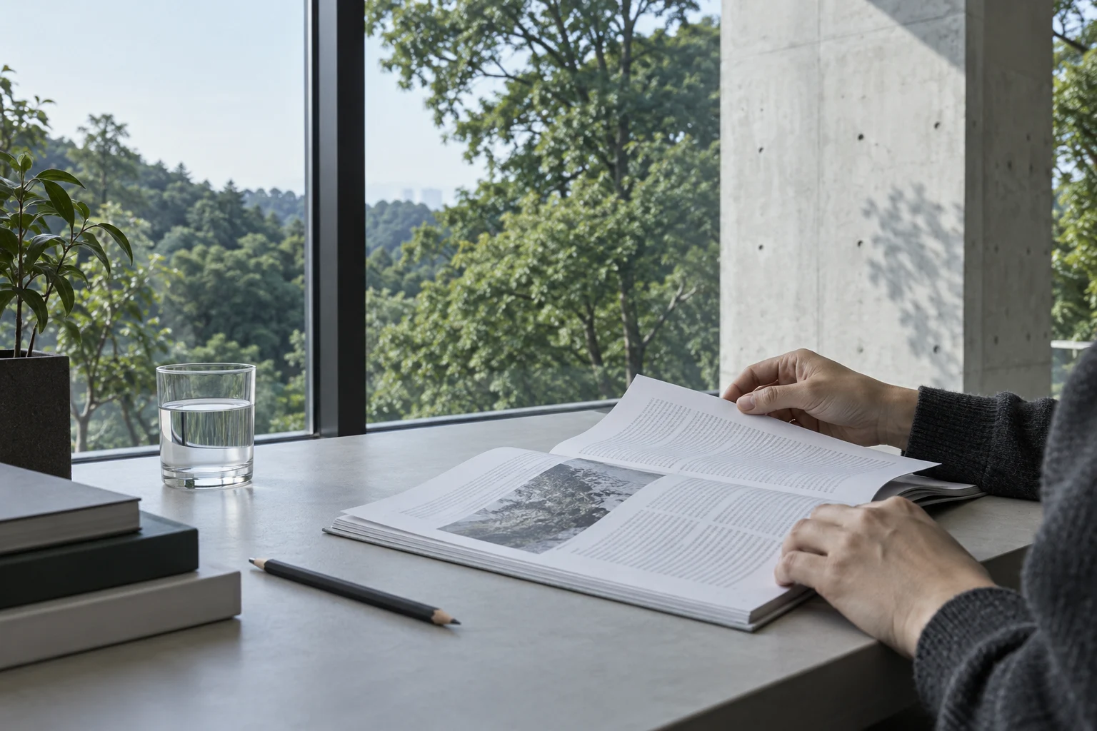 窓辺の机で資料を読む様子を描いたイメージ